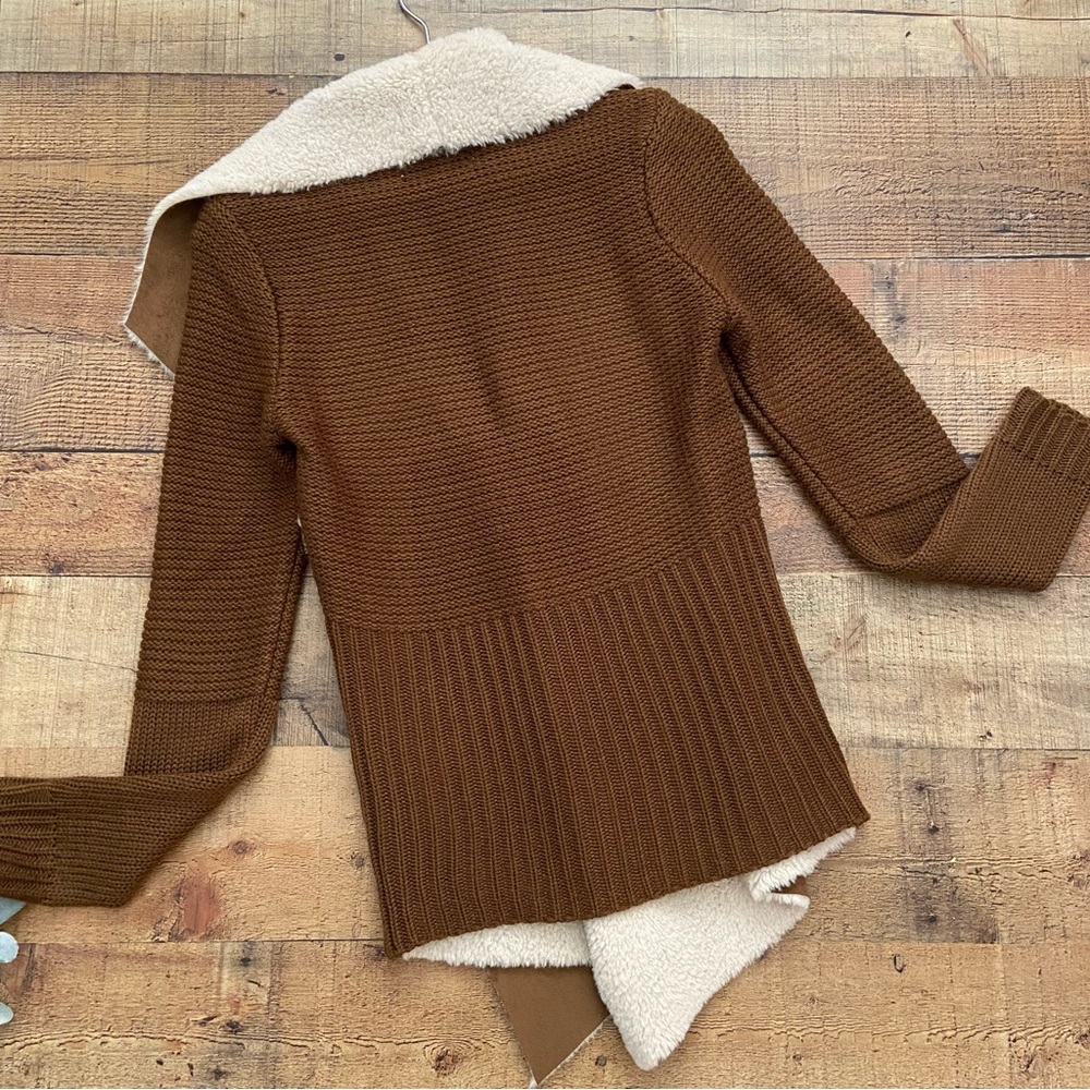 Chocolate Suede Sweater Cardigan Jacket Vegan Shearling Open - Picture 12 of 16